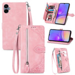 For Samsung Galaxy A06 4G Zipper Wallet Case with Strap Flower Imprint PU Leather Phone Cover