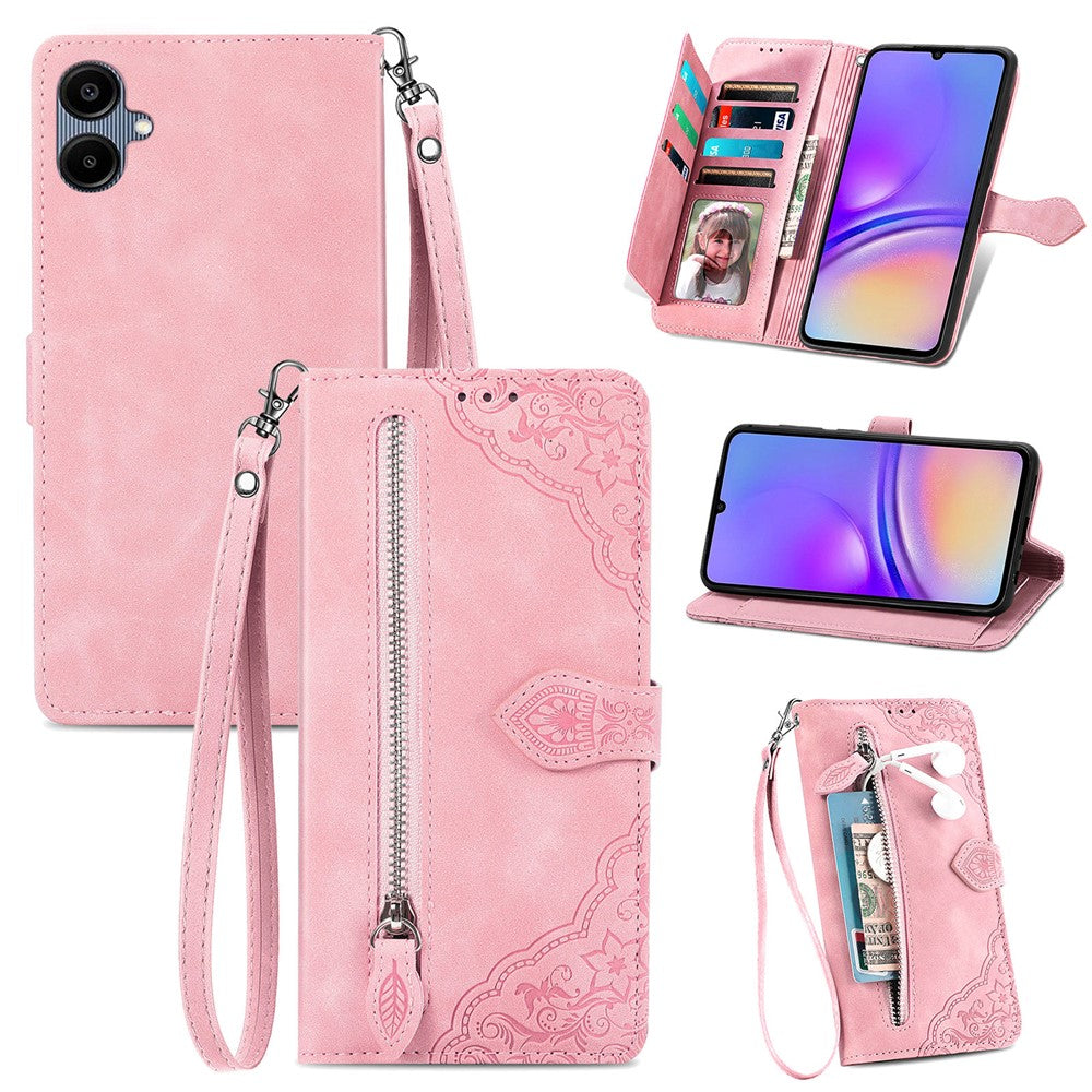 For Samsung Galaxy A06 4G Zipper Wallet Case with Strap Flower Imprint PU Leather Phone Cover