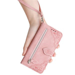 For Samsung Galaxy A06 4G Zipper Wallet Case with Strap Flower Imprint PU Leather Phone Cover