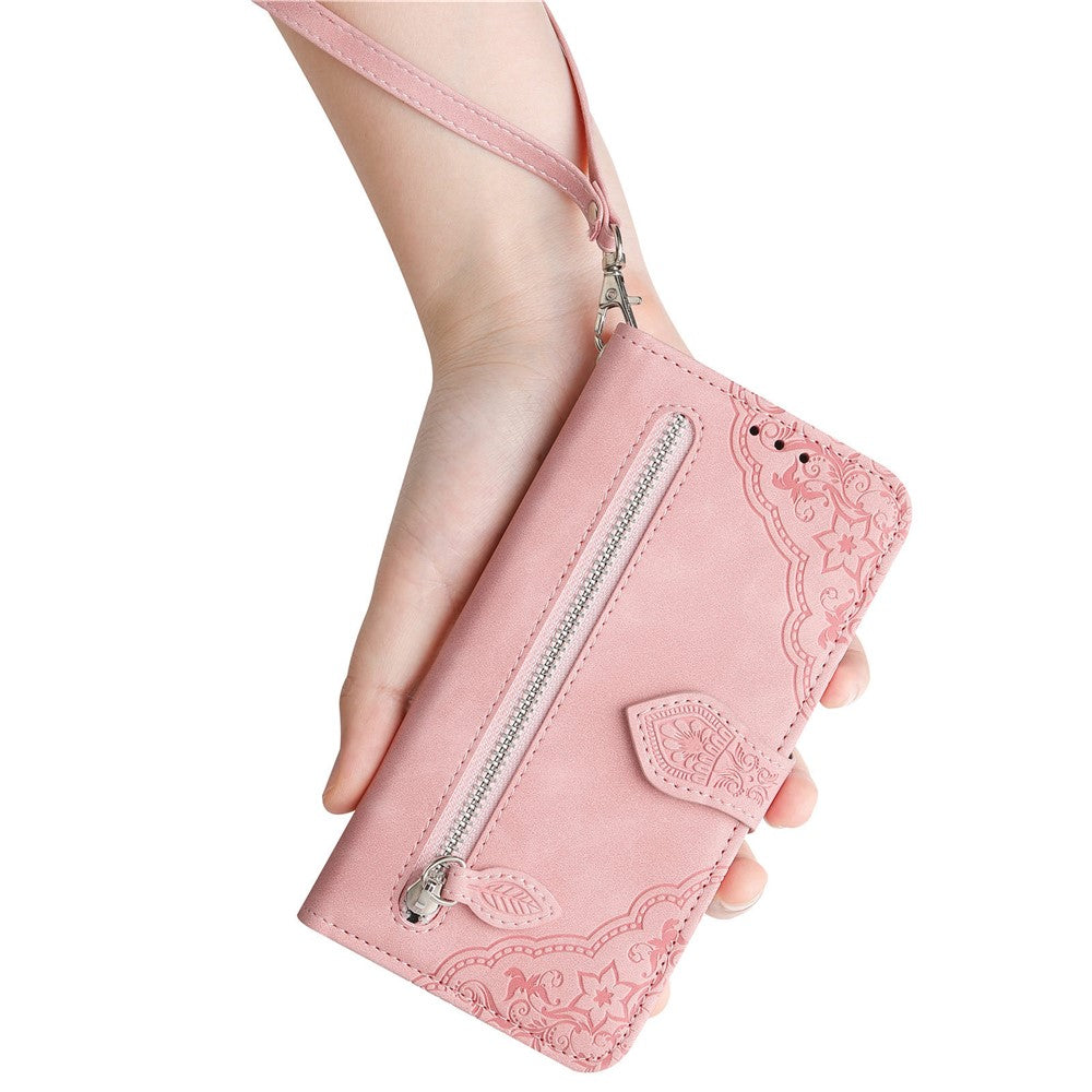For Samsung Galaxy A06 4G Zipper Wallet Case with Strap Flower Imprint PU Leather Phone Cover