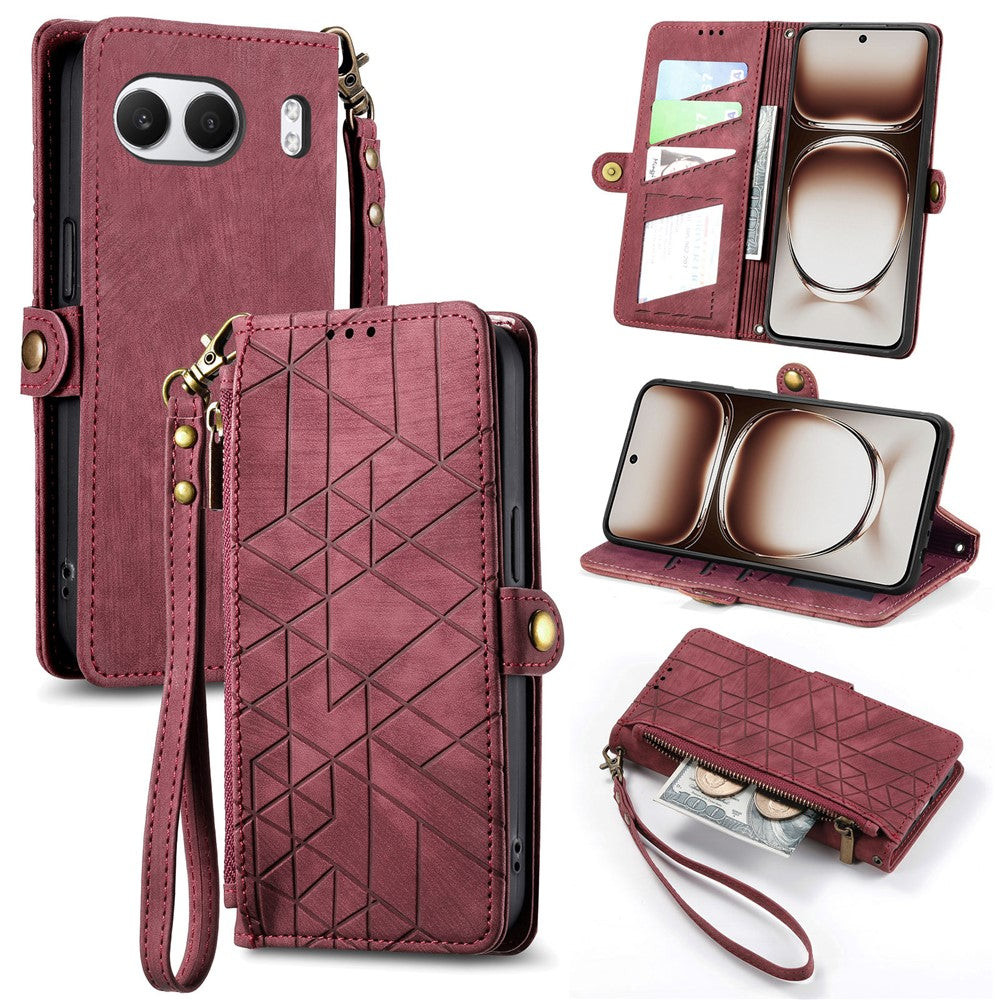 For OnePlus Nord 4 Zipper Wallet Case Geometry Lines Leather Phone Cover with Strap