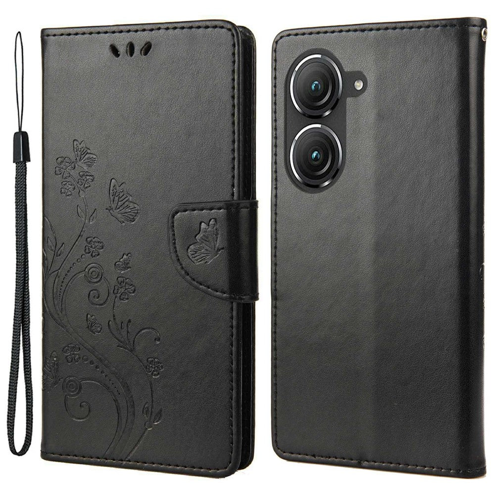 For Asus Zenfone 9 5G PU Leather Wallet Case Imprinting Flower Butterflies Magnetic Closure Stand Flip Cover with Strap