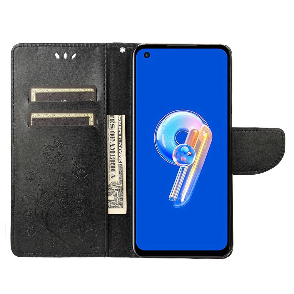 For Asus Zenfone 9 5G PU Leather Wallet Case Imprinting Flower Butterflies Magnetic Closure Stand Flip Cover with Strap
