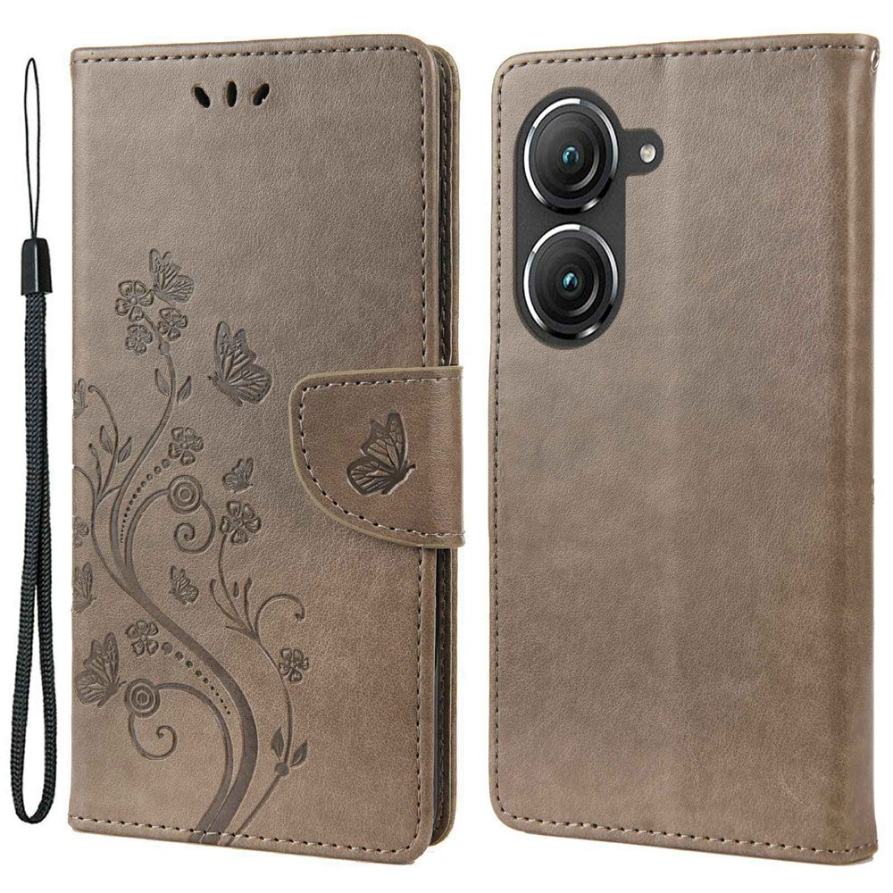 For Asus Zenfone 9 5G PU Leather Wallet Case Imprinting Flower Butterflies Magnetic Closure Stand Flip Cover with Strap