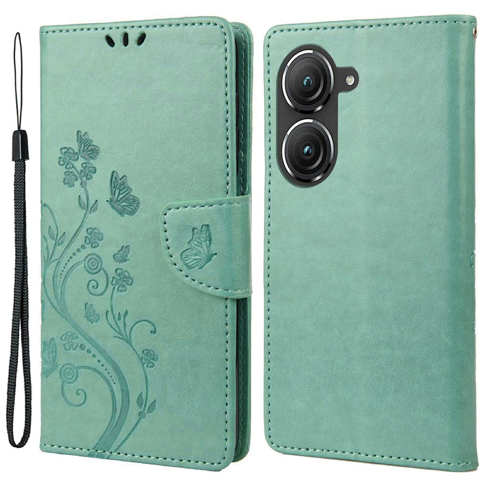 For Asus Zenfone 9 5G PU Leather Wallet Case Imprinting Flower Butterflies Magnetic Closure Stand Flip Cover with Strap