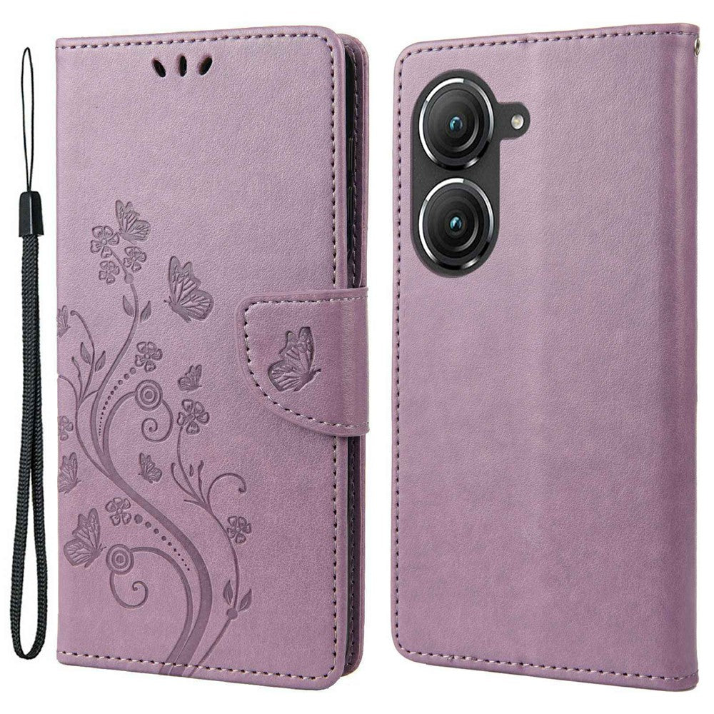 For Asus Zenfone 9 5G PU Leather Wallet Case Imprinting Flower Butterflies Magnetic Closure Stand Flip Cover with Strap