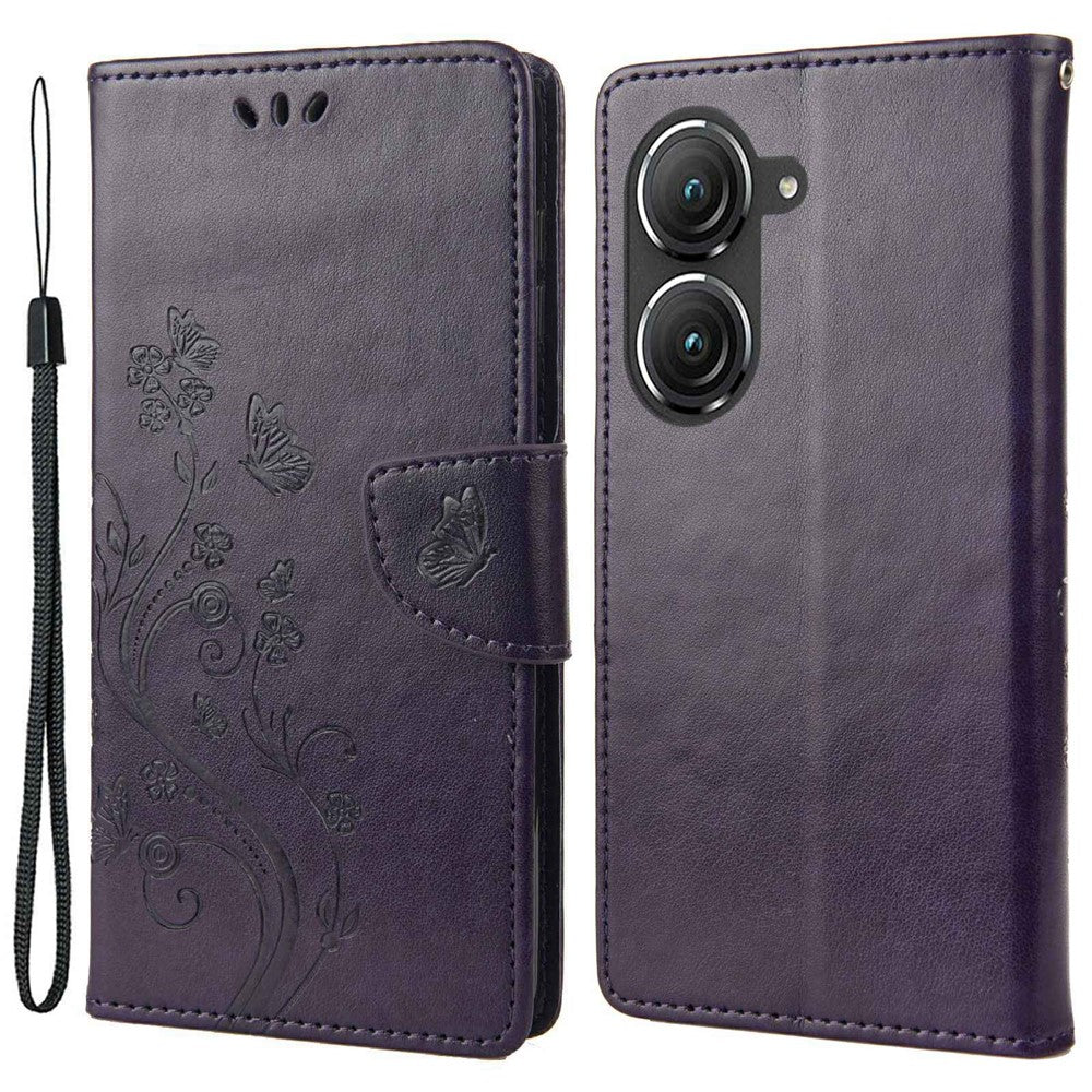 For Asus Zenfone 9 5G PU Leather Wallet Case Imprinting Flower Butterflies Magnetic Closure Stand Flip Cover with Strap