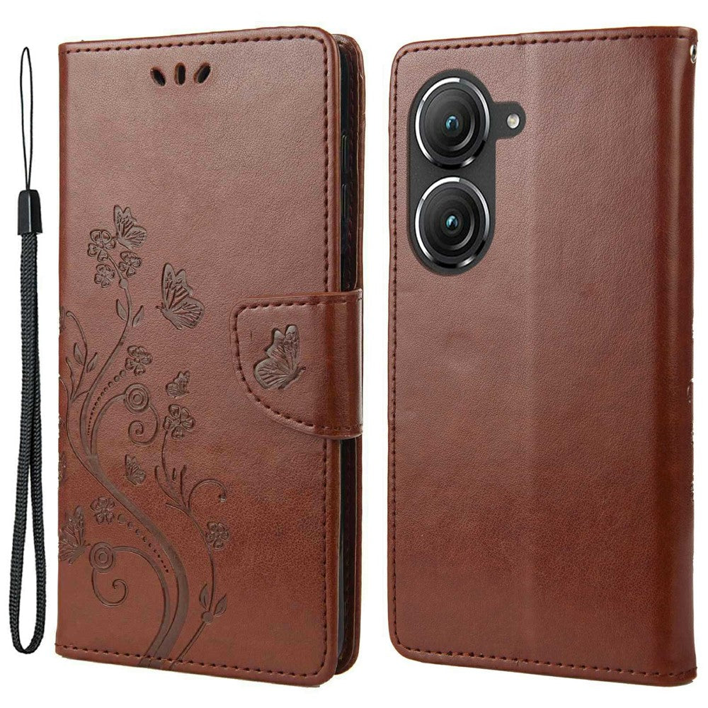 For Asus Zenfone 9 5G PU Leather Wallet Case Imprinting Flower Butterflies Magnetic Closure Stand Flip Cover with Strap