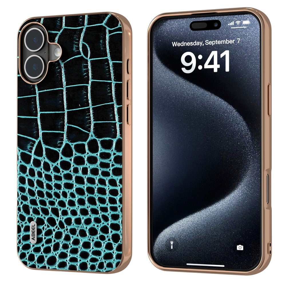 ABEEL For iPhone 16 Case Electroplating Edge Crocodile Texture Genuine Cow Leather Back Phone Cover