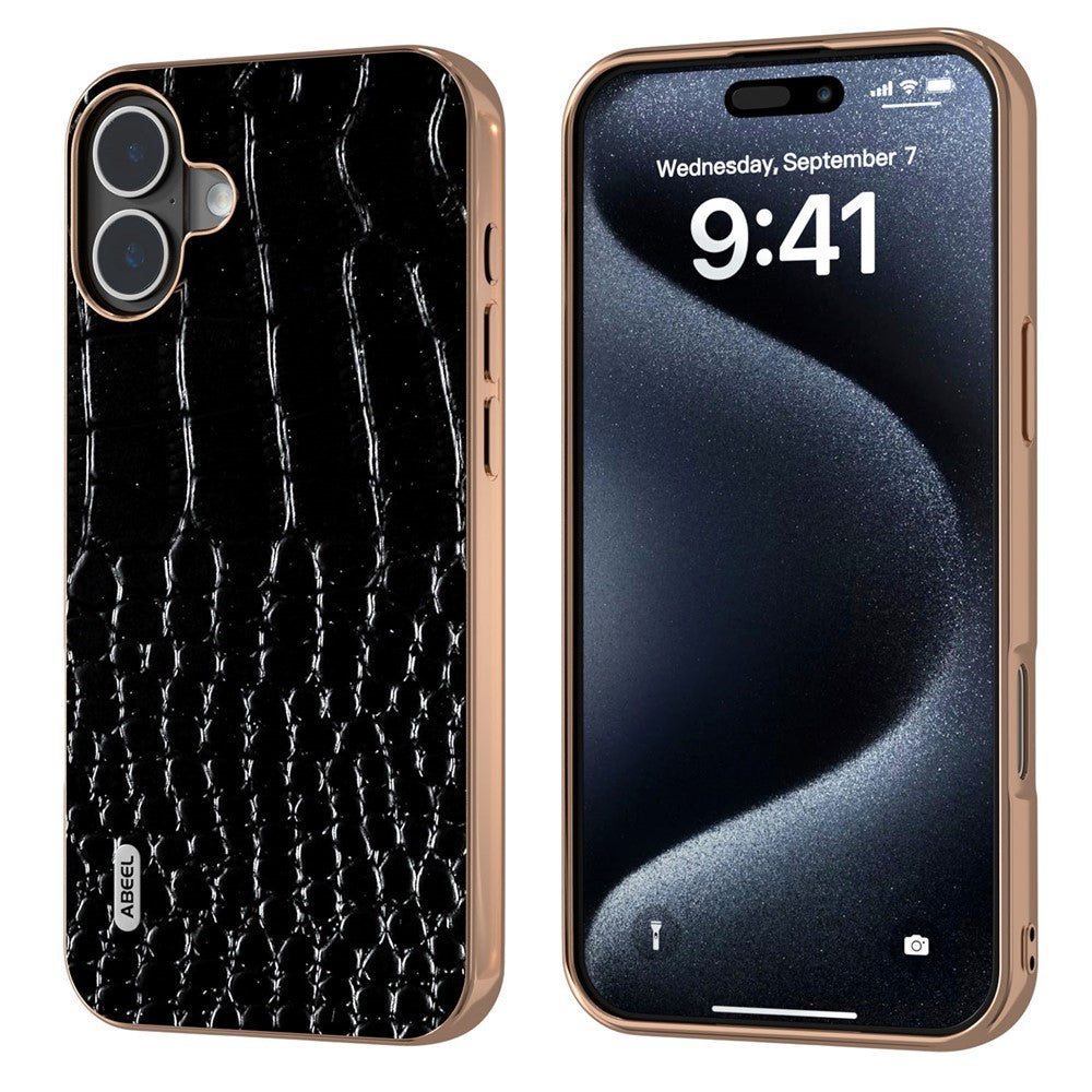 ABEEL til iPhone 16 Plus Cover Galvanisering Kant Krokodillemønster Ægte Koskind Bagsiden Telefoncover