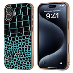 ABEEL For iPhone 16 Plus Case Electroplating Edge Crocodile Texture Genuine Cow Leather Back Phone Cover
