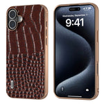 ABEEL For iPhone 16 Plus Case Electroplating Edge Crocodile Texture Genuine Cow Leather Back Phone Cover