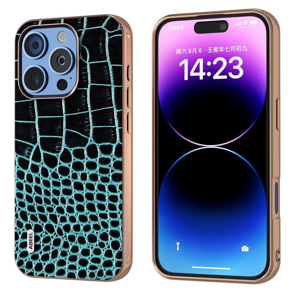 ABEEL til iPhone 16 Pro Cover Galvaniseringskant Krokodillemønster Ægte Koskindbagsidetelefoncover