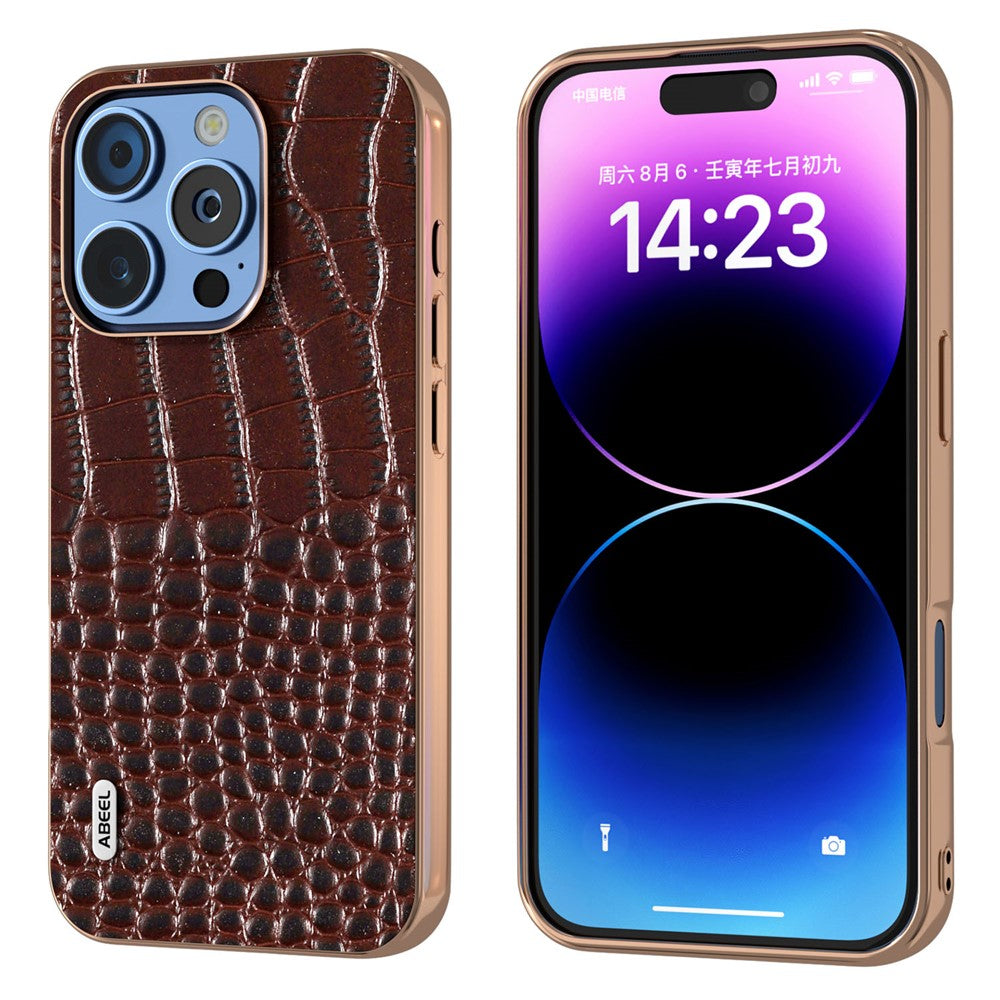 ABEEL For iPhone 16 Pro Case Electroplating Edge Crocodile Texture Genuine Cow Leather Back Phone Cover
