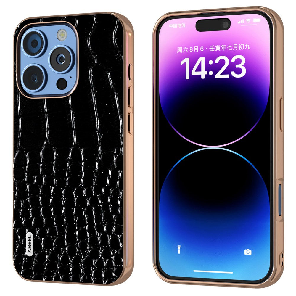 ABEEL til iPhone 16 Pro Max cover Galvaniseret kant Krokodilletekstur Ægte okselæder bagside telefoncover