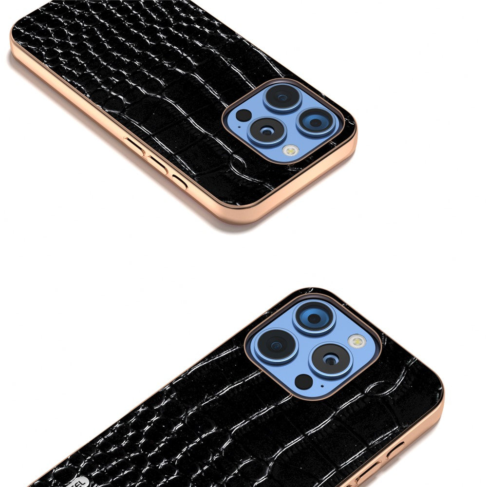 ABEEL For iPhone 16 Pro Max Case Electroplating Edge Crocodile Texture Genuine Cow Leather Back Phone Cover