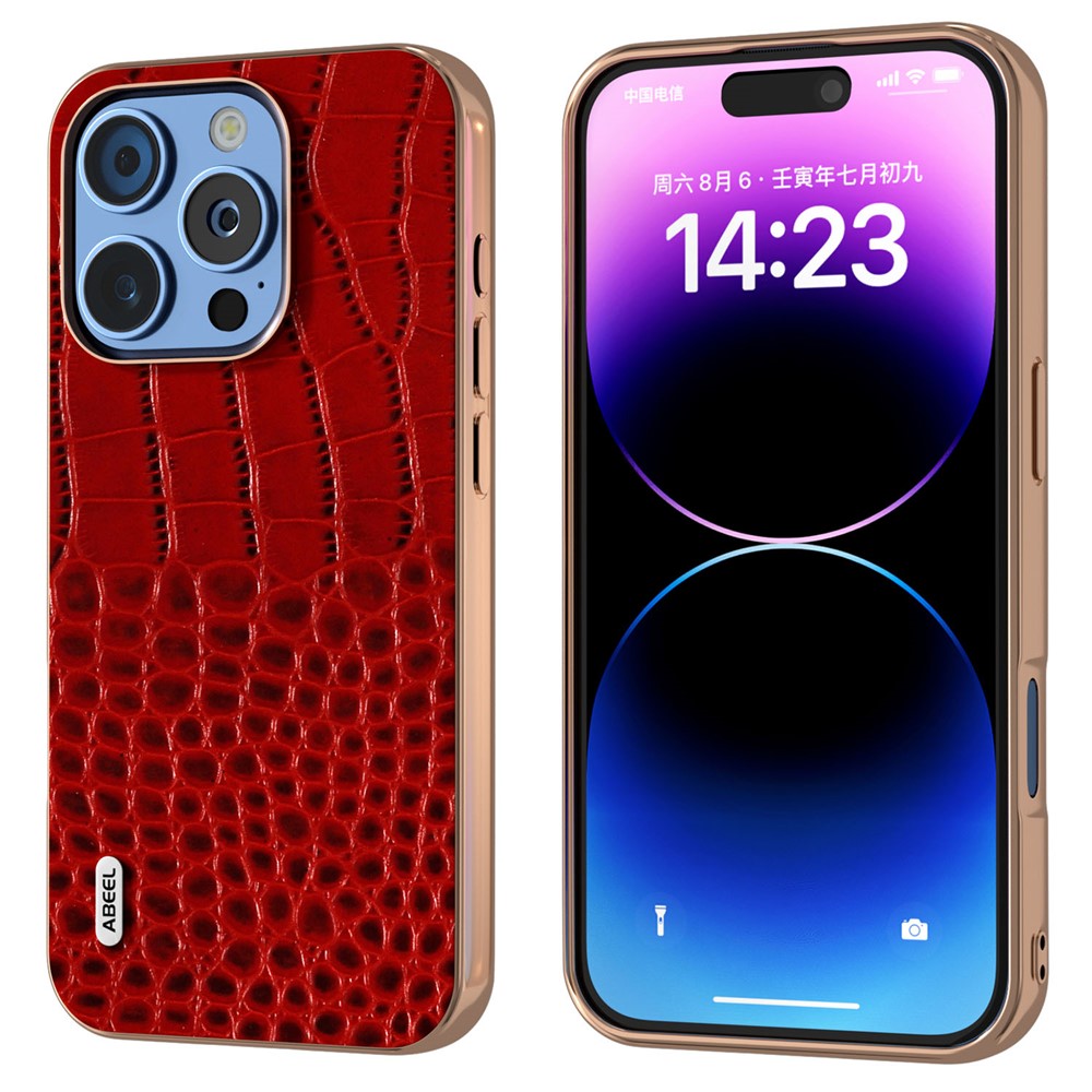 ABEEL For iPhone 16 Pro Max Case Electroplating Edge Crocodile Texture Genuine Cow Leather Back Phone Cover