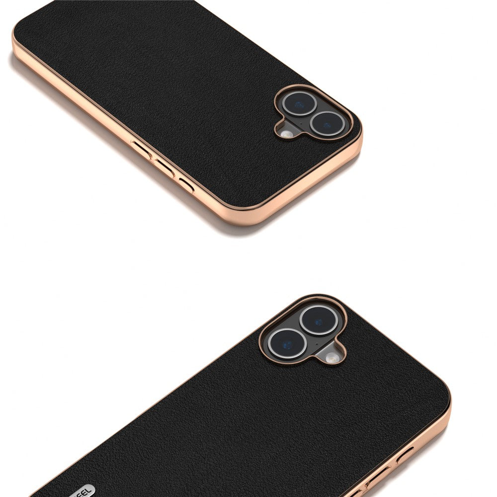 ABEEL For iPhone 16 Case Electroplating Edge Genuine Cow Leather+PC+TPU Phone Cover