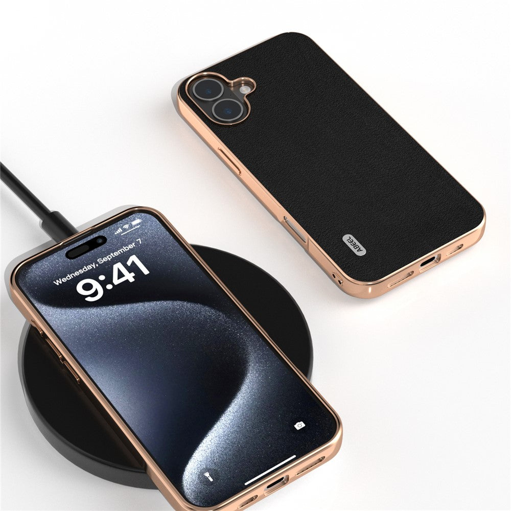 ABEEL For iPhone 16 Case Electroplating Edge Genuine Cow Leather+PC+TPU Phone Cover