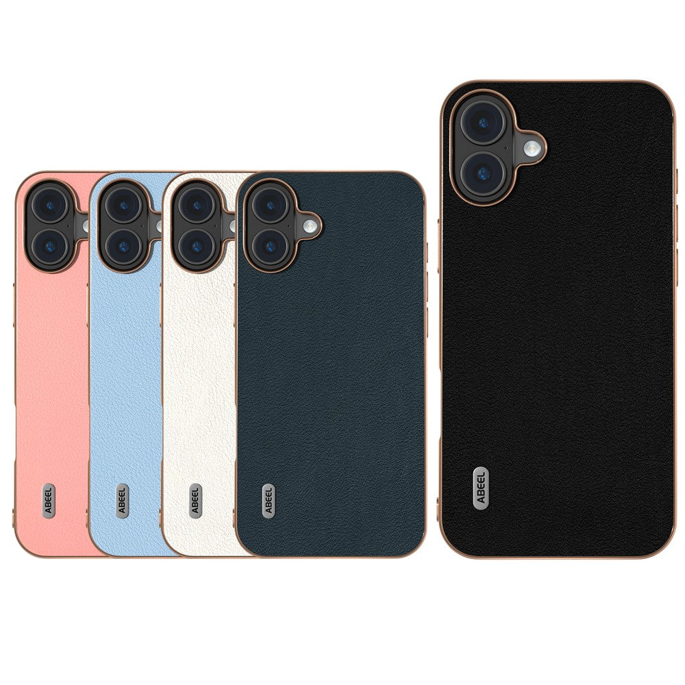ABEEL For iPhone 16 Case Electroplating Edge Genuine Cow Leather+PC+TPU Phone Cover