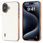 ABEEL For iPhone 16 Case Electroplating Edge Genuine Cow Leather+PC+TPU Phone Cover