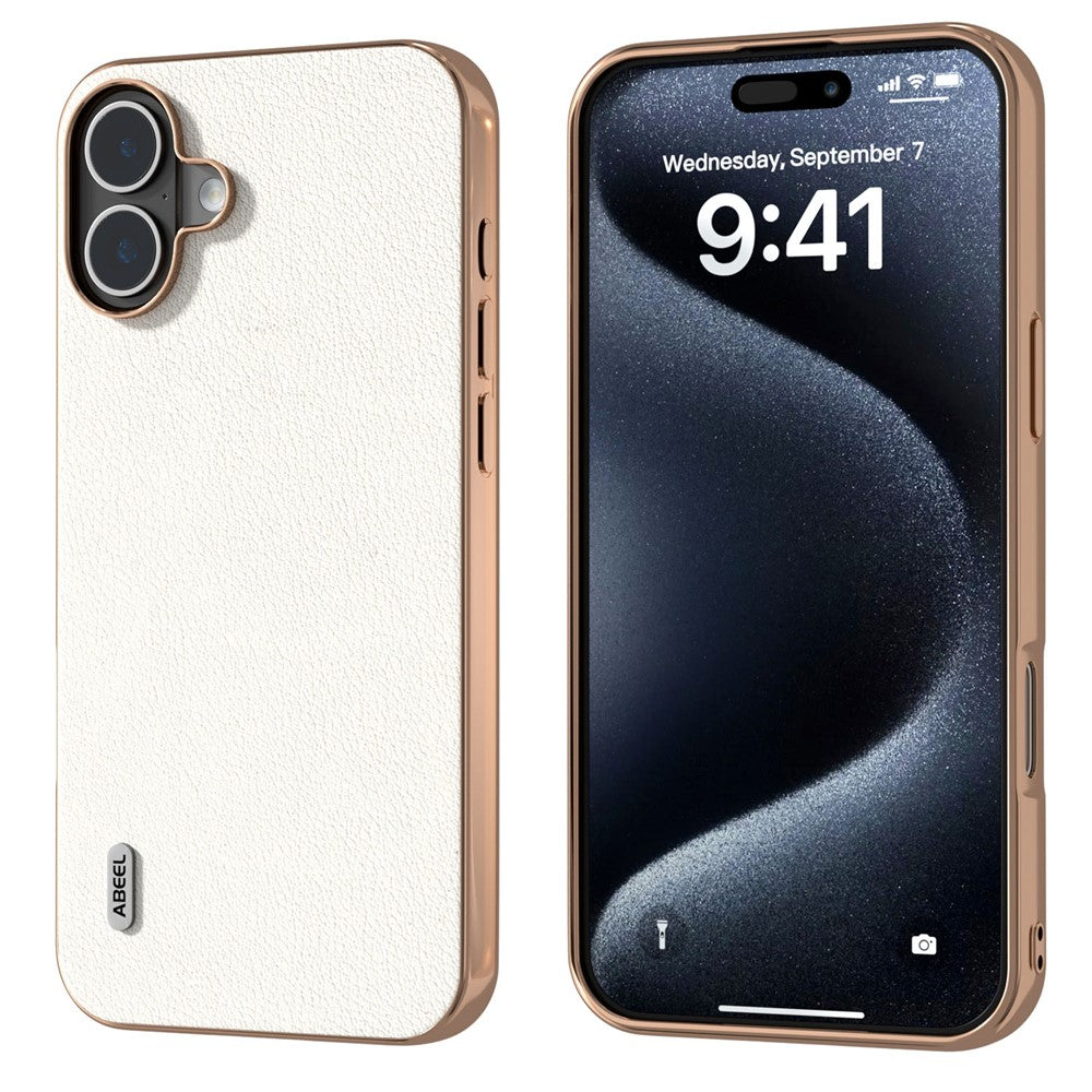ABEEL For iPhone 16 Case Electroplating Edge Genuine Cow Leather+PC+TPU Phone Cover