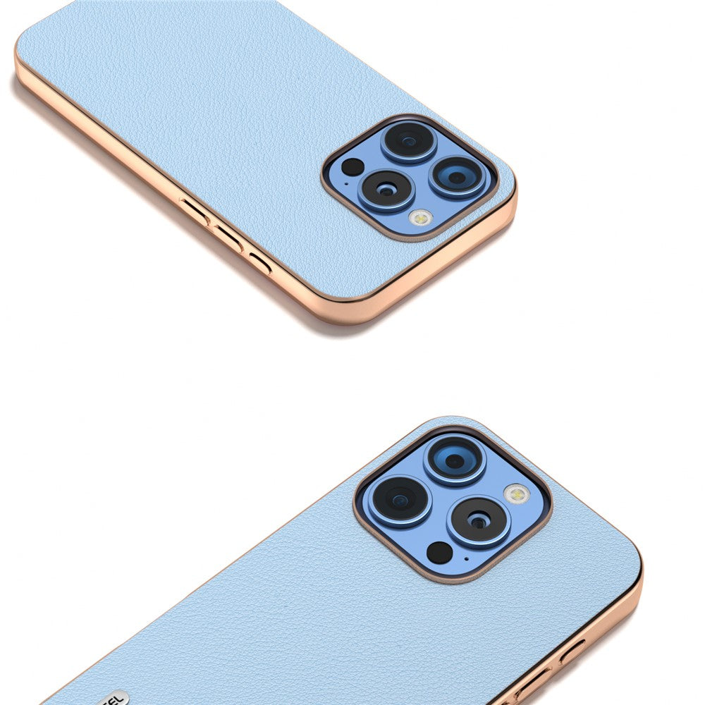 ABEEL For iPhone 16 Pro Case Electroplating Edge Genuine Cow Leather+PC+TPU Phone Cover