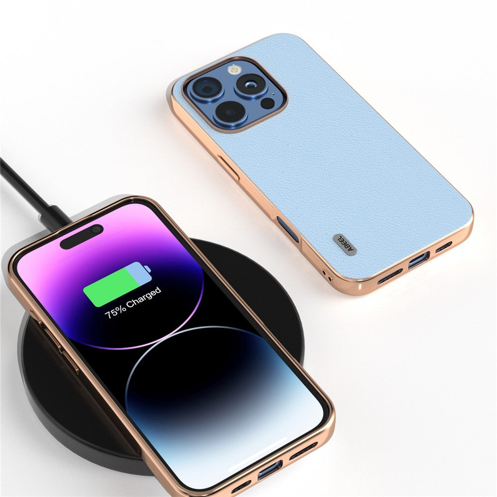 ABEEL For iPhone 16 Pro Case Electroplating Edge Genuine Cow Leather+PC+TPU Phone Cover