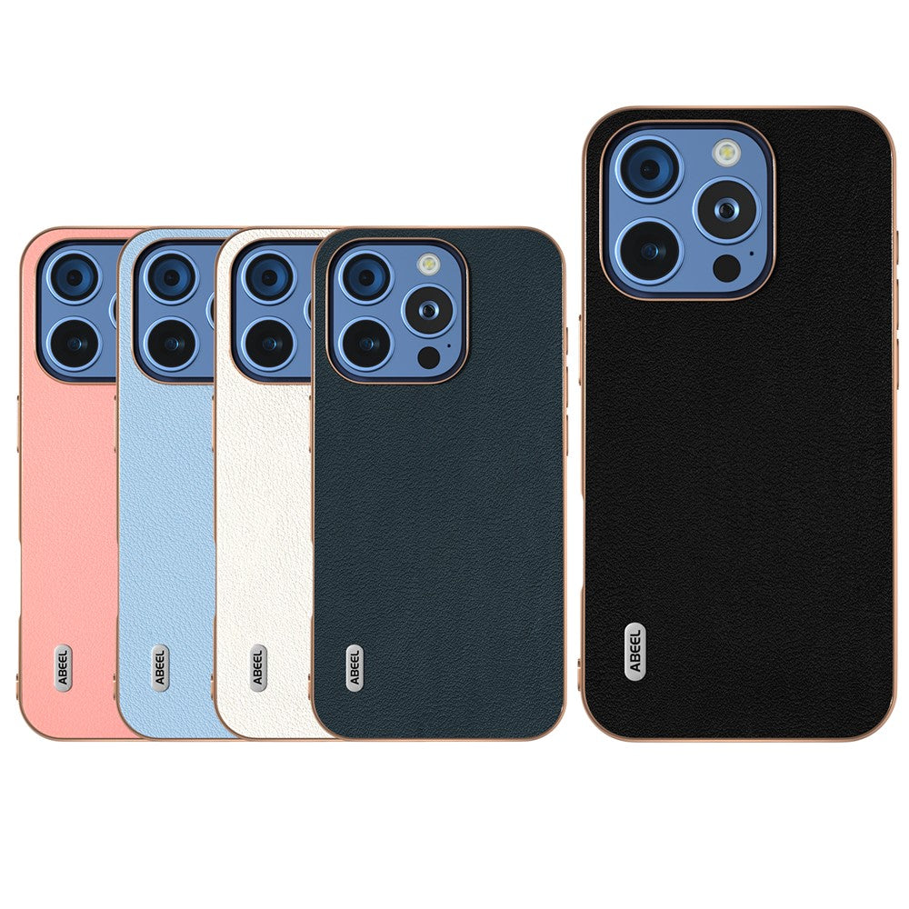 ABEEL For iPhone 16 Pro Case Electroplating Edge Genuine Cow Leather+PC+TPU Phone Cover