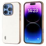ABEEL For iPhone 16 Pro Case Electroplating Edge Genuine Cow Leather+PC+TPU Phone Cover