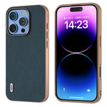 ABEEL For iPhone 16 Pro Case Electroplating Edge Genuine Cow Leather+PC+TPU Phone Cover