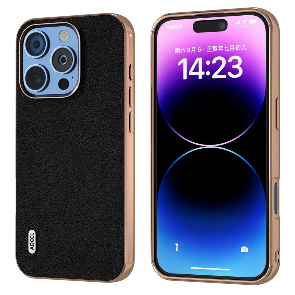 ABEEL For iPhone 16 Pro Max Case Electroplating Edge Genuine Cow Leather+PC+TPU Phone Cover