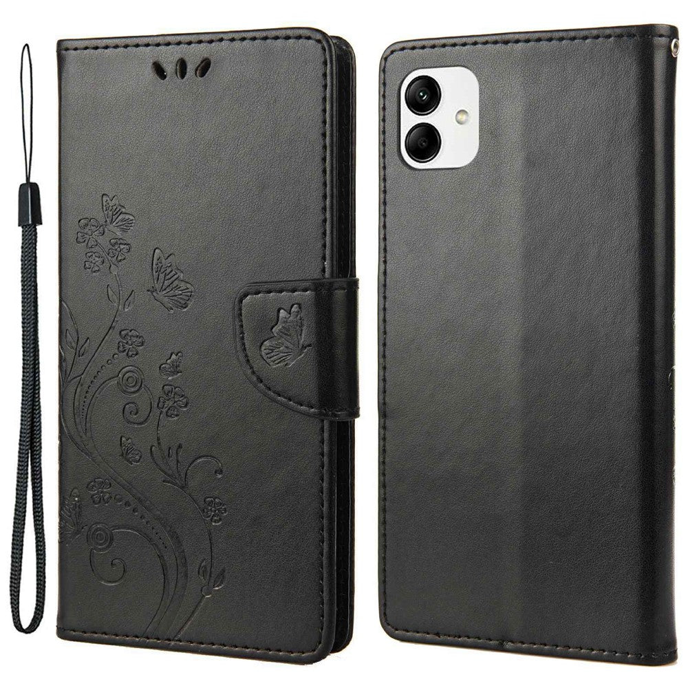 Stødabsorberende PU-lædercover til Samsung Galaxy A04 4G (164,4 x 76,3 x 9,1 mm), pung etui med stander, præget blomst og sommerfugle, folio flip telefoncover med rem