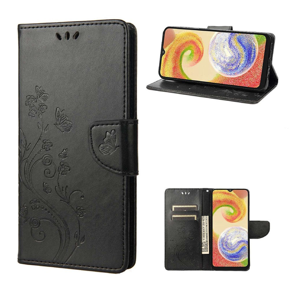 Stødabsorberende PU-lædercover til Samsung Galaxy A04 4G (164,4 x 76,3 x 9,1 mm), pung etui med stander, præget blomst og sommerfugle, folio flip telefoncover med rem