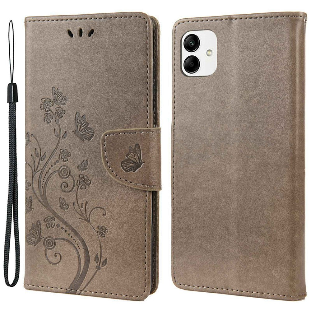 Stødabsorberende PU-lædercover til Samsung Galaxy A04 4G (164,4 x 76,3 x 9,1 mm), pung etui med stander, præget blomst og sommerfugle, folio flip telefoncover med rem