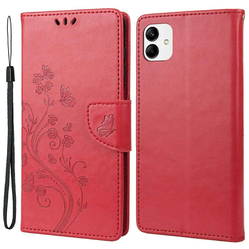 Stødabsorberende PU-lædercover til Samsung Galaxy A04 4G (164,4 x 76,3 x 9,1 mm), pung etui med stander, præget blomst og sommerfugle, folio flip telefoncover med rem