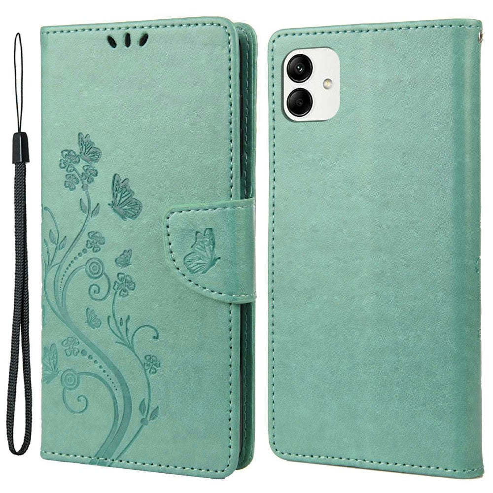 Stødabsorberende PU-lædercover til Samsung Galaxy A04 4G (164,4 x 76,3 x 9,1 mm), pung etui med stander, præget blomst og sommerfugle, folio flip telefoncover med rem