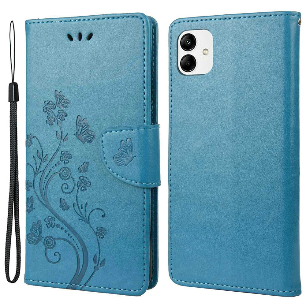 Stødabsorberende PU-lædercover til Samsung Galaxy A04 4G (164,4 x 76,3 x 9,1 mm), pung etui med stander, præget blomst og sommerfugle, folio flip telefoncover med rem