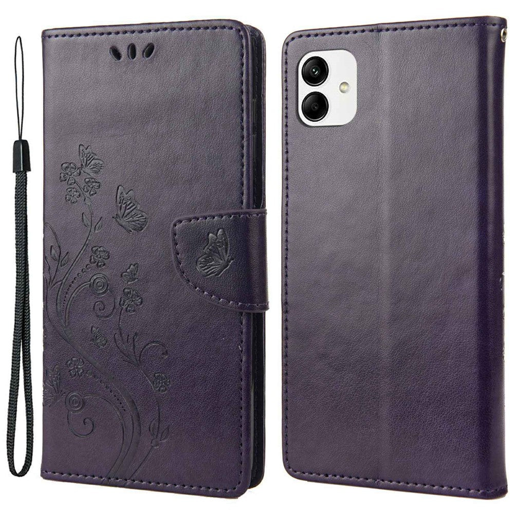 Stødabsorberende PU-lædercover til Samsung Galaxy A04 4G (164,4 x 76,3 x 9,1 mm), pung etui med stander, præget blomst og sommerfugle, folio flip telefoncover med rem