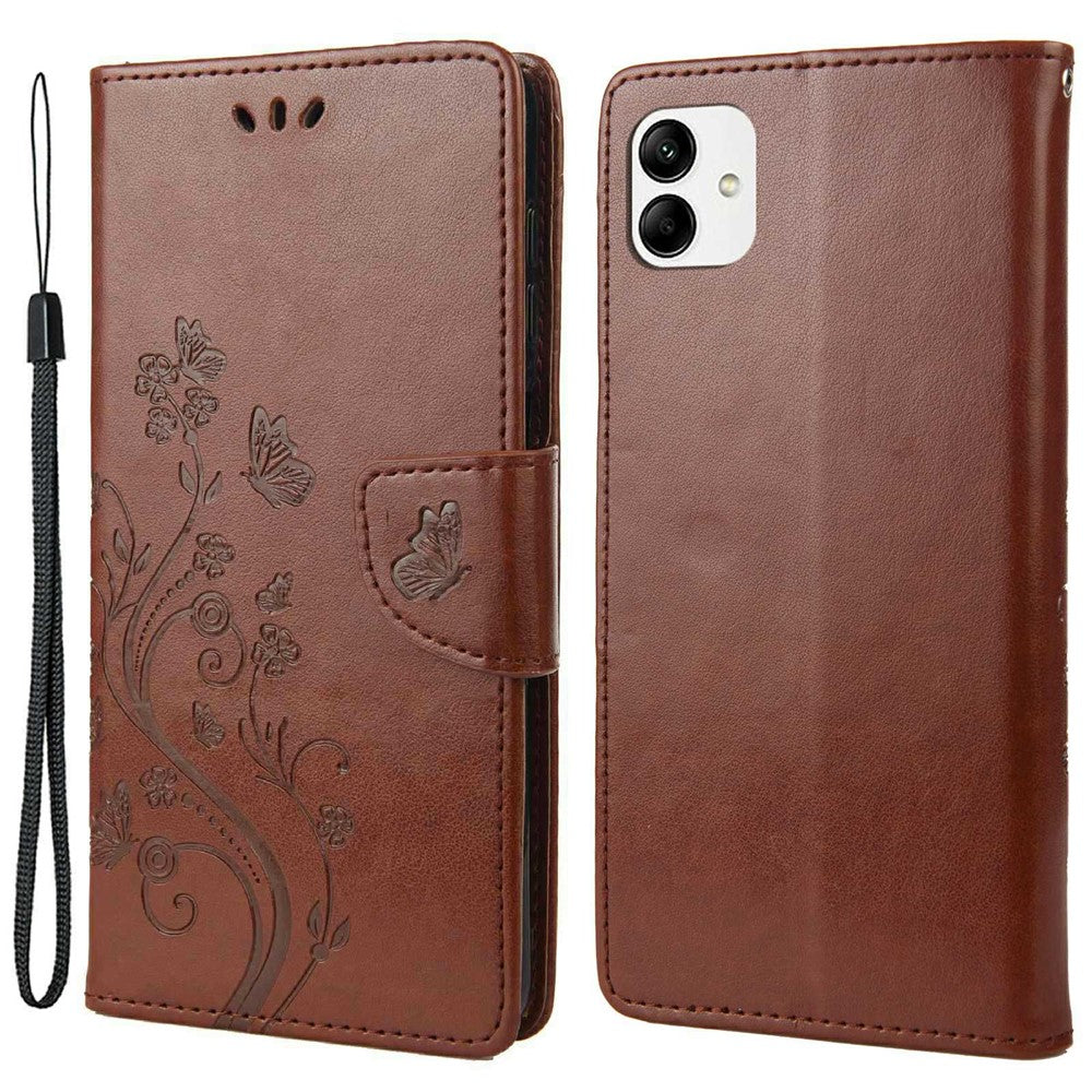 Stødabsorberende PU-lædercover til Samsung Galaxy A04 4G (164,4 x 76,3 x 9,1 mm), pung etui med stander, præget blomst og sommerfugle, folio flip telefoncover med rem