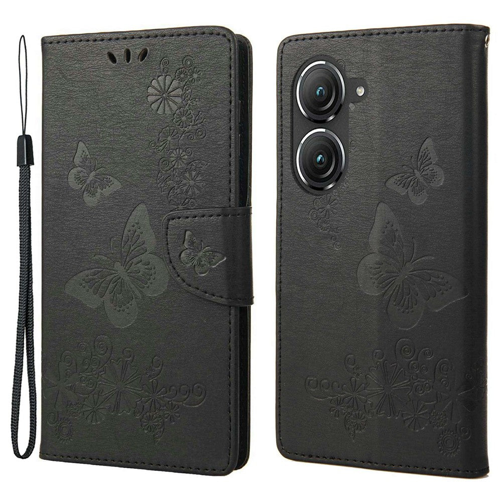 Asus Zenfone 9 5G Magnetiskt spänne PU-lädermobilskal Stora fjärilar Blommönster Prägling Reptåligt mobilskal Plånboksställ med rem