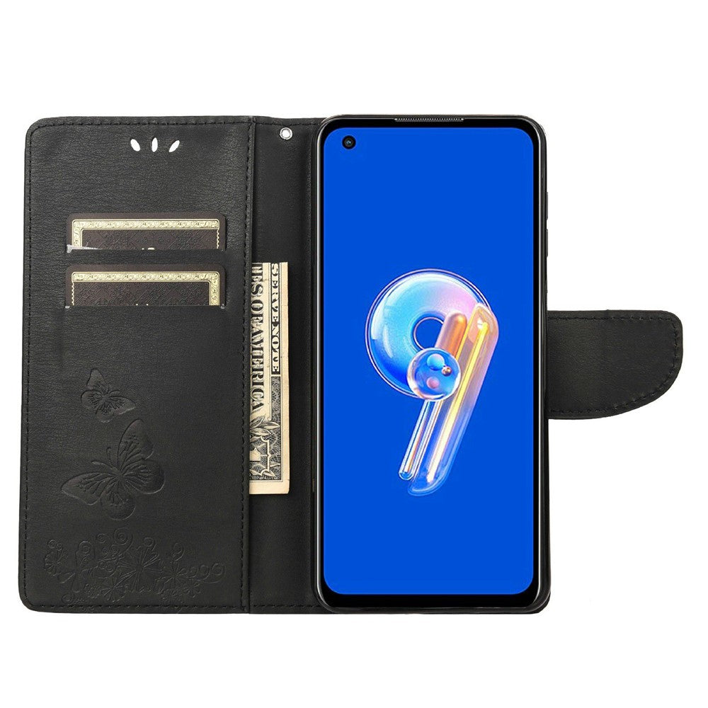 Asus Zenfone 9 5G Magnetiskt spänne PU-lädermobilskal Stora fjärilar Blommönster Prägling Reptåligt mobilskal Plånboksställ med rem
