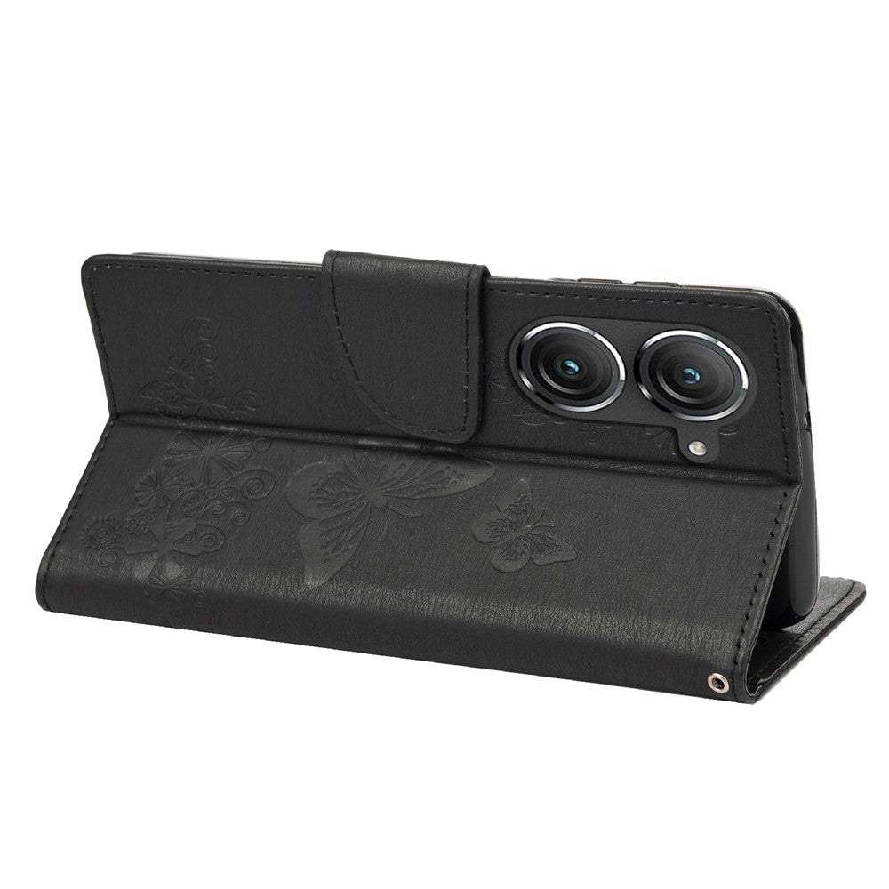 Asus Zenfone 9 5G Magnetiskt spänne PU-lädermobilskal Stora fjärilar Blommönster Prägling Reptåligt mobilskal Plånboksställ med rem