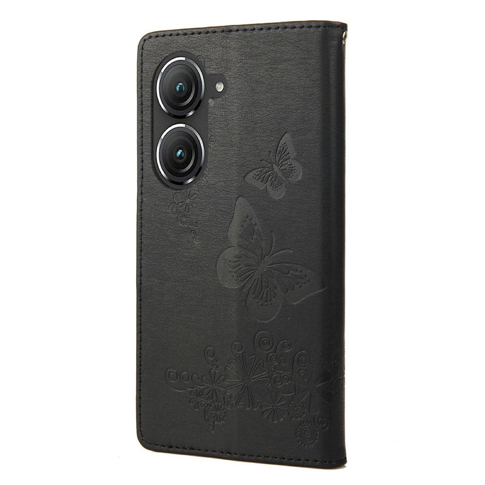 Asus Zenfone 9 5G Magnetiskt spänne PU-lädermobilskal Stora fjärilar Blommönster Prägling Reptåligt mobilskal Plånboksställ med rem