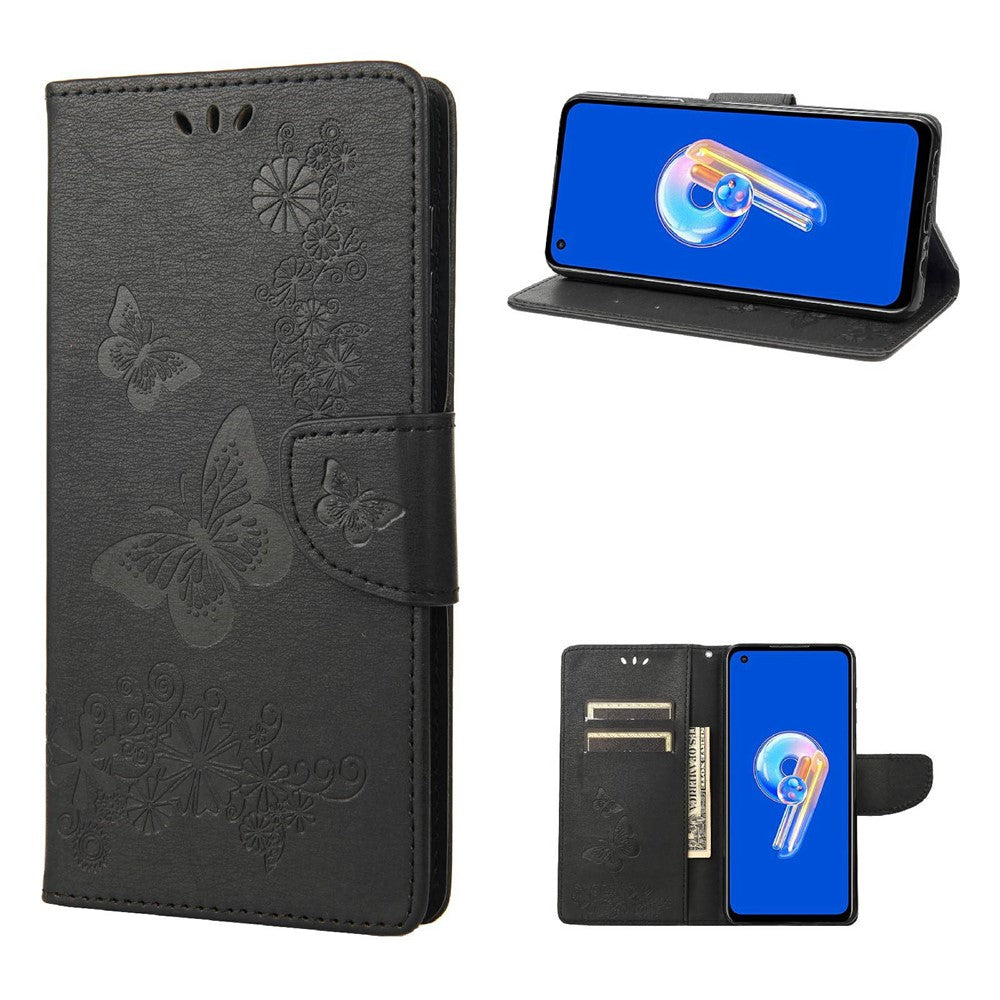 Asus Zenfone 9 5G Magnetiskt spänne PU-lädermobilskal Stora fjärilar Blommönster Prägling Reptåligt mobilskal Plånboksställ med rem