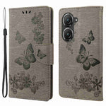 Asus Zenfone 9 5G Magnetiskt spänne PU-lädermobilskal Stora fjärilar Blommönster Prägling Reptåligt mobilskal Plånboksställ med rem