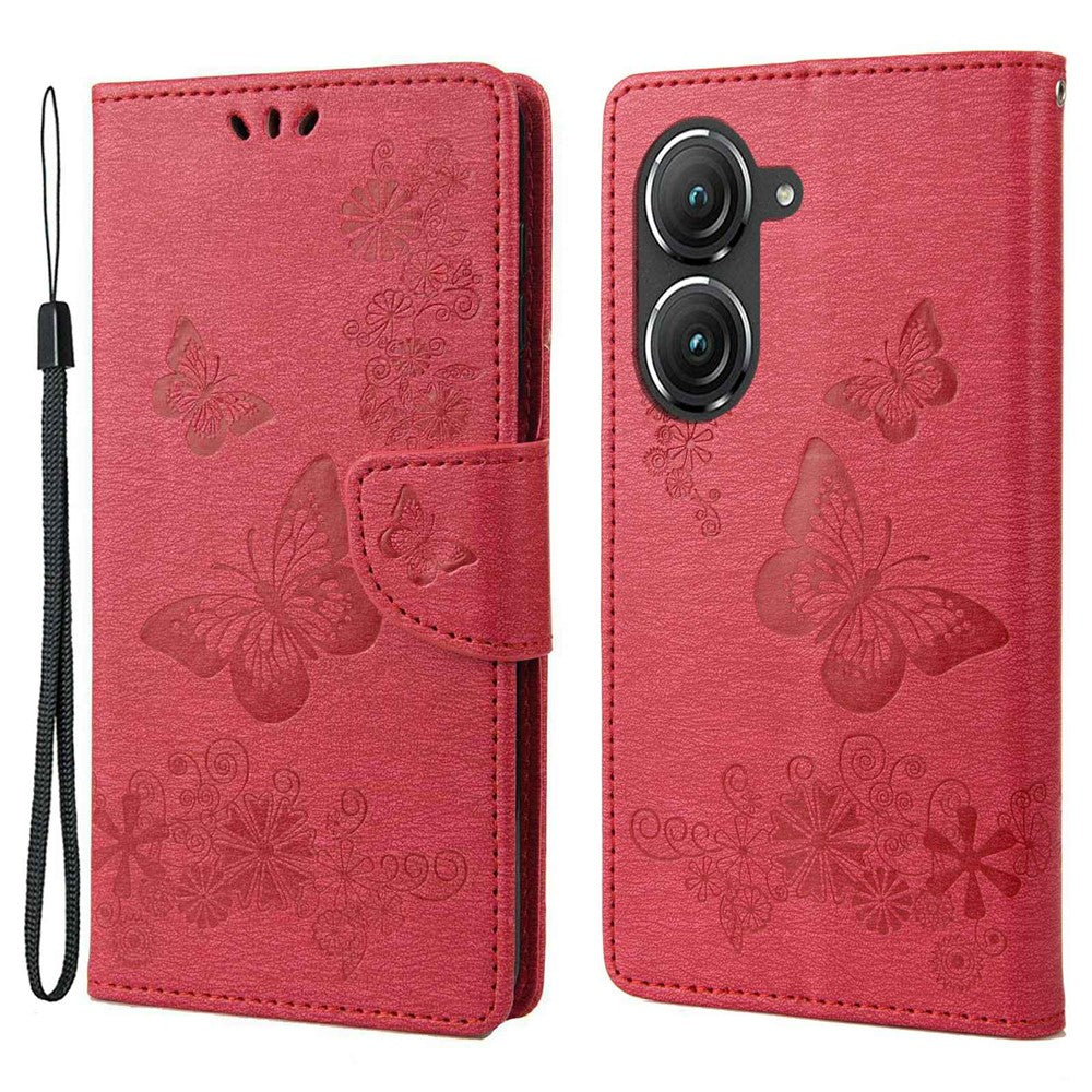 Asus Zenfone 9 5G Magnetiskt spänne PU-lädermobilskal Stora fjärilar Blommönster Prägling Reptåligt mobilskal Plånboksställ med rem