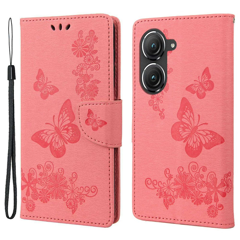 Asus Zenfone 9 5G Magnetiskt spänne PU-lädermobilskal Stora fjärilar Blommönster Prägling Reptåligt mobilskal Plånboksställ med rem