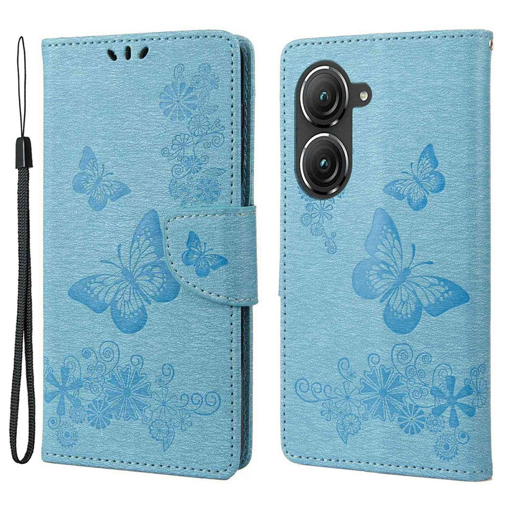 Asus Zenfone 9 5G Magnetiskt spänne PU-lädermobilskal Stora fjärilar Blommönster Prägling Reptåligt mobilskal Plånboksställ med rem
