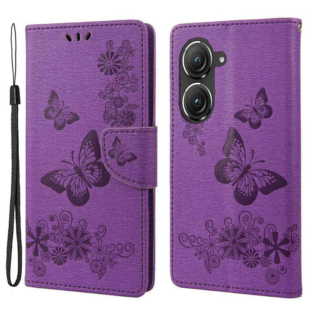 Asus Zenfone 9 5G Magnetiskt spänne PU-lädermobilskal Stora fjärilar Blommönster Prägling Reptåligt mobilskal Plånboksställ med rem